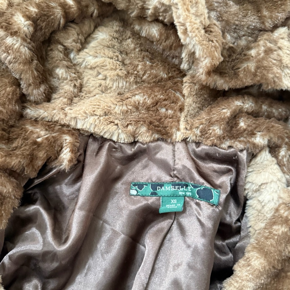 Damselle New York Faux Fur Ruffle Coat XS Brown Teddy Jacket Hooded Glam Winter - Picture 5 of 6